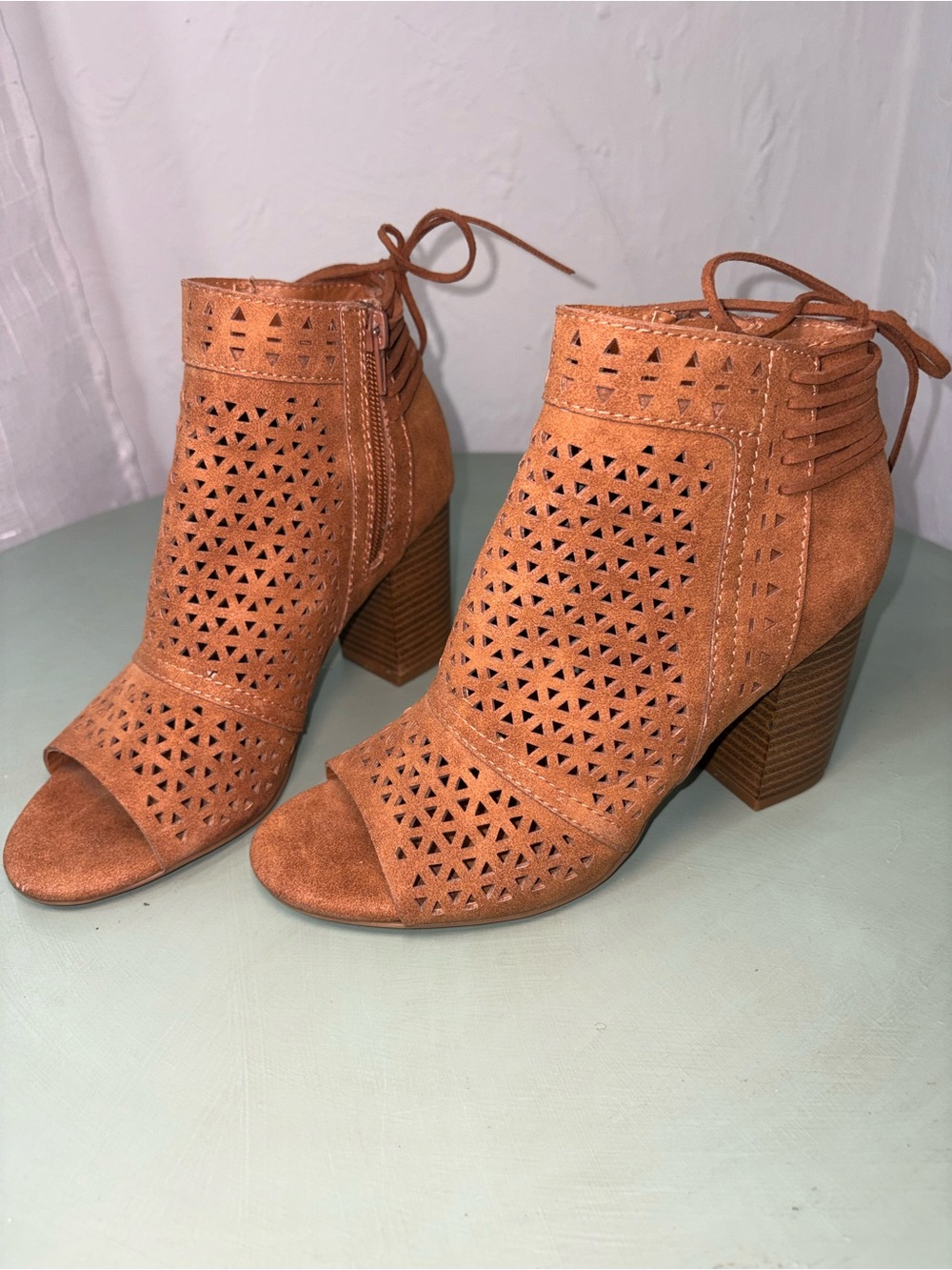 Boho Cutout Ankle Booties Cognac Chunky Heel Size 6